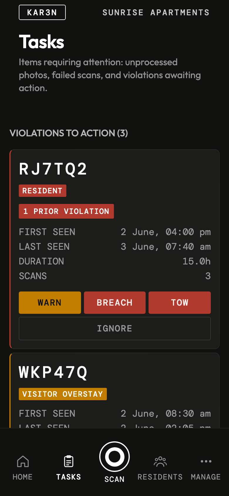 Violations to action with warn, breach and tow