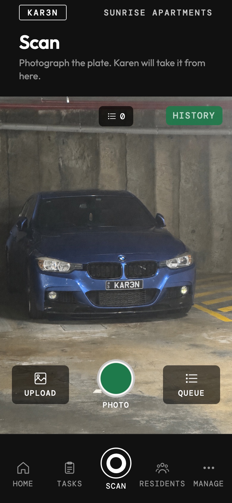 Scanning a car plate in the visitor parking